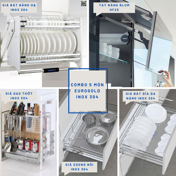 Combo phụ kiện tủ bếp 5 món Eurogold inox 304 Combo phụ kiện tủ bếp 5 món Eurogold inox 304